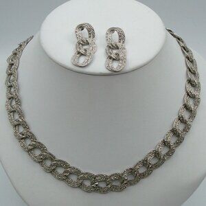 Womens Silver Tone Cuban Link Necklace & Earring Jewelry Set Cut Sparkle Style